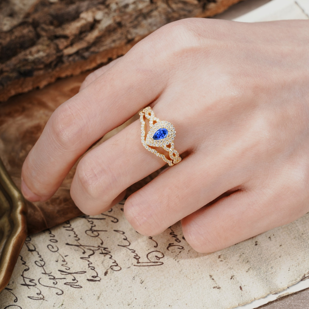 Luxurious Vintage-Style Pavé, 3-Prong Pear Cut Sapphire Bridal Ring Set - Additional view