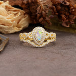 Luxurious Vintage-Style Pavé, 3-Prong Pear Cut Fire Opal Bridal Ring Set - Additional view