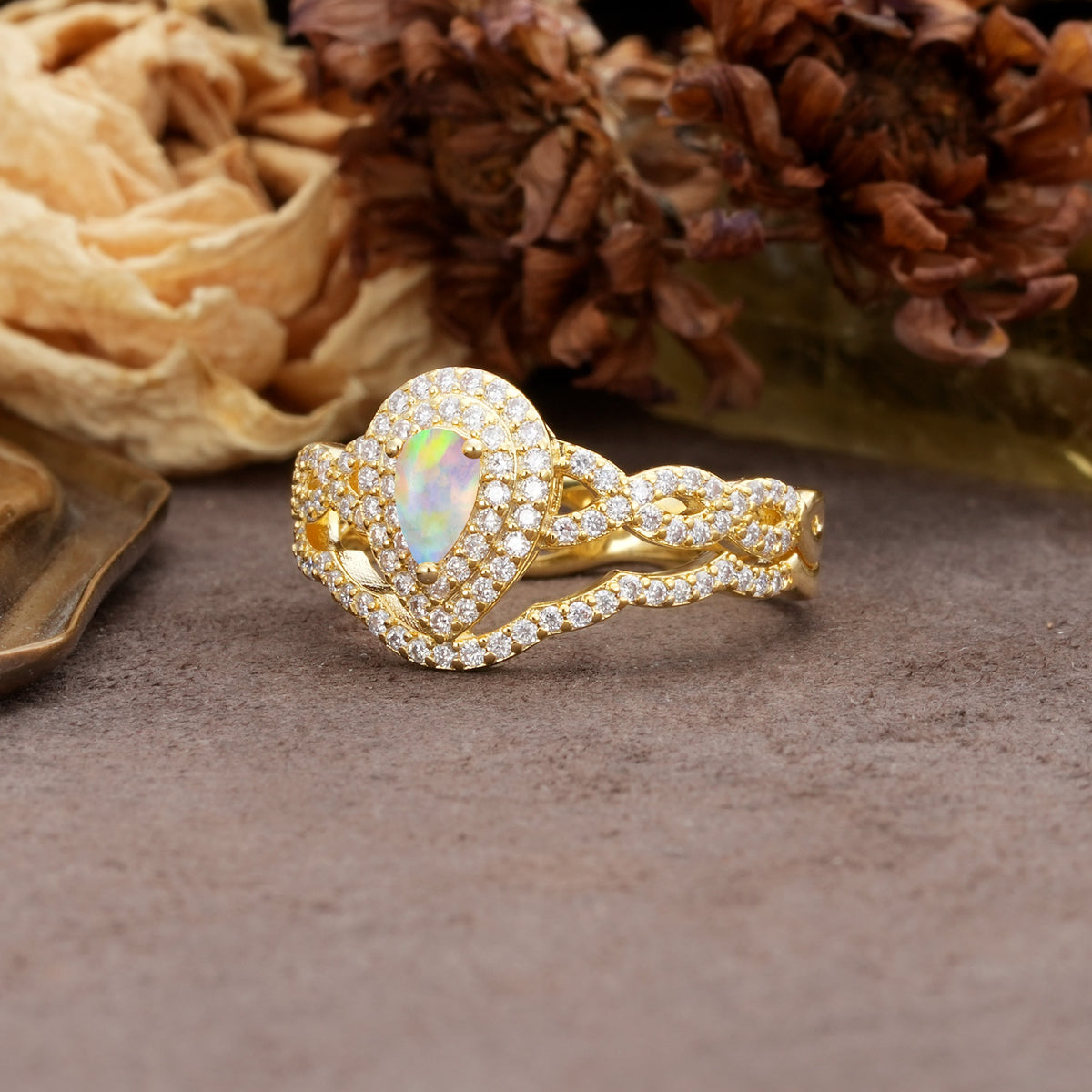 Luxurious Vintage-Style Pavé, 3-Prong Pear Cut Fire Opal Bridal Ring Set - Additional view