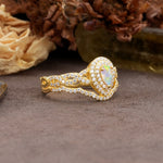 Luxurious Vintage-Style Pavé, 3-Prong Pear Cut Fire Opal Bridal Ring Set - Additional view