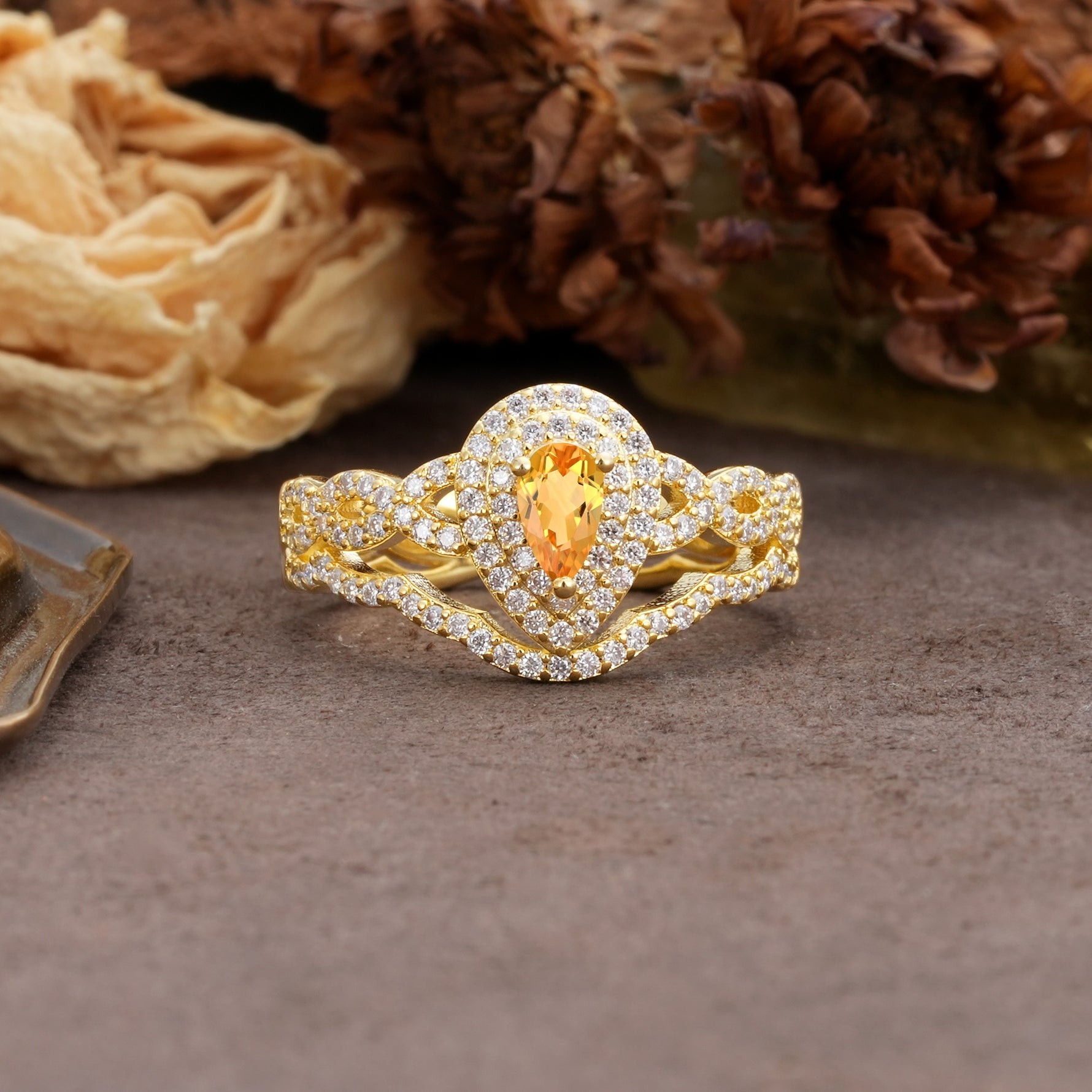 Luxurious Vintage-Style Pavé, 3-Prong Pear Cut Citrine Bridal Ring Set - Additional view