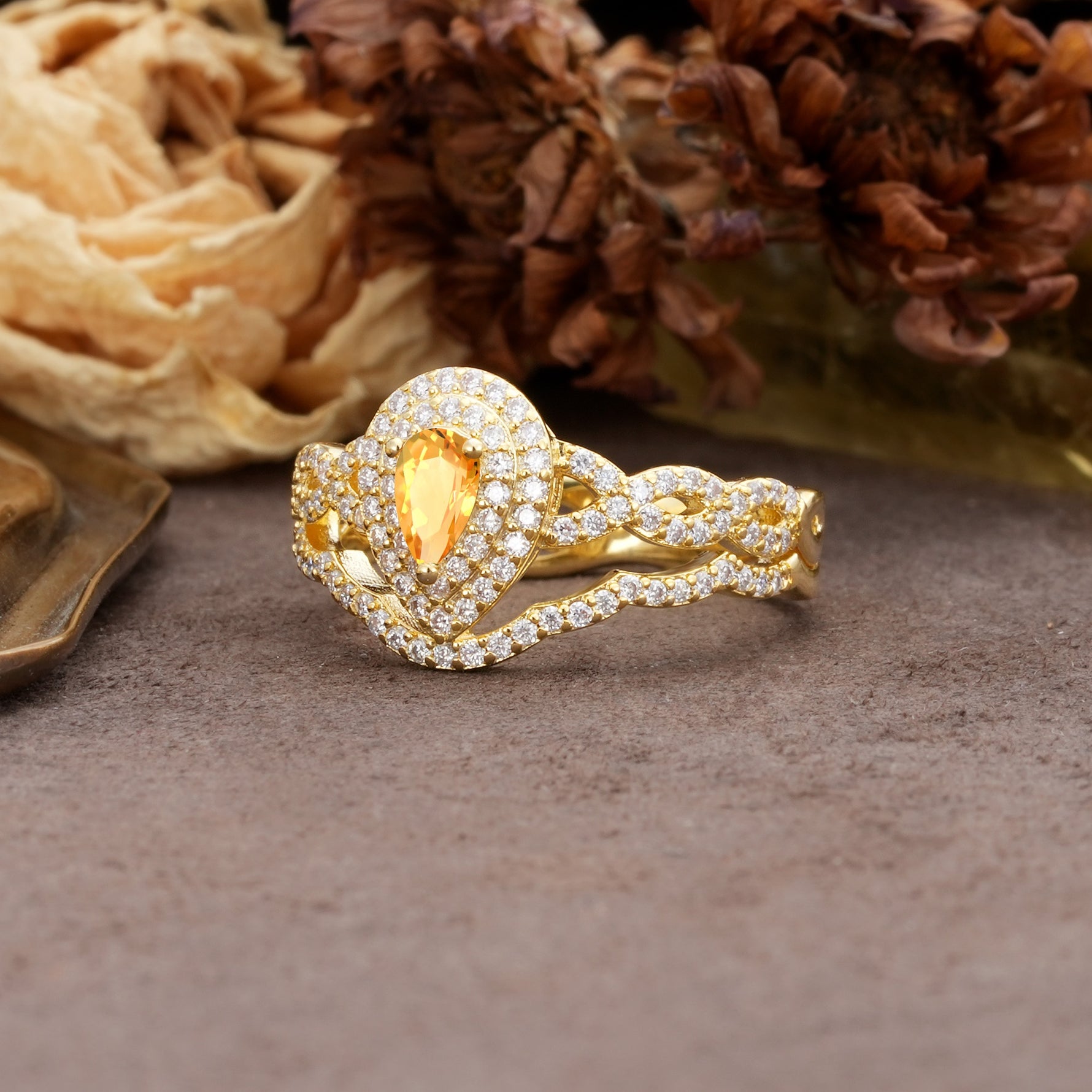 Luxurious Vintage-Style Pavé, 3-Prong Pear Cut Citrine Bridal Ring Set - Additional view