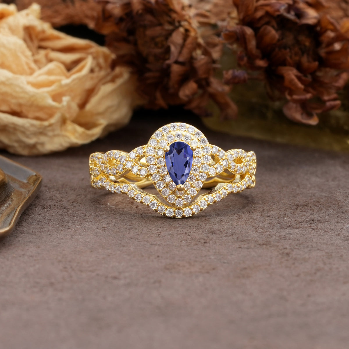 Luxurious Vintage-Style Pavé, 3-Prong Pear Cut Tanzanite Bridal Ring Set - Additional view