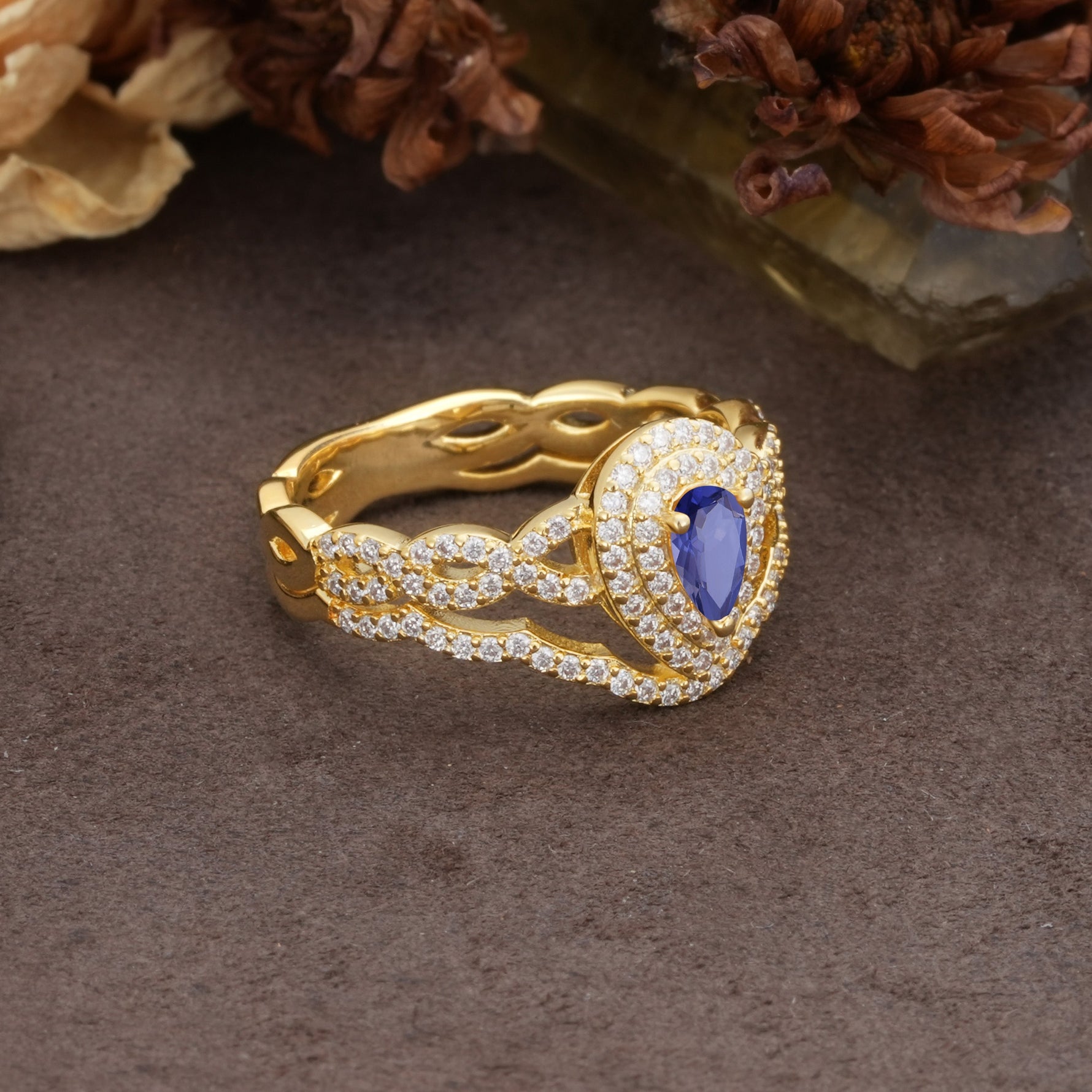 Luxurious Vintage-Style Pavé, 3-Prong Pear Cut Tanzanite Bridal Ring Set - Additional view