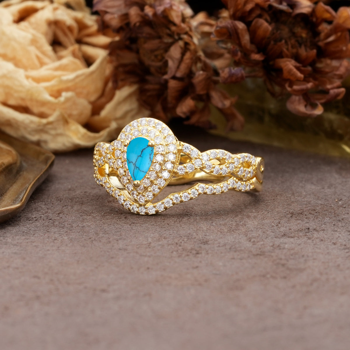 Luxurious Vintage-Style Pavé, 3-Prong Pear Cut Turquoise Bridal Ring Set - Additional view