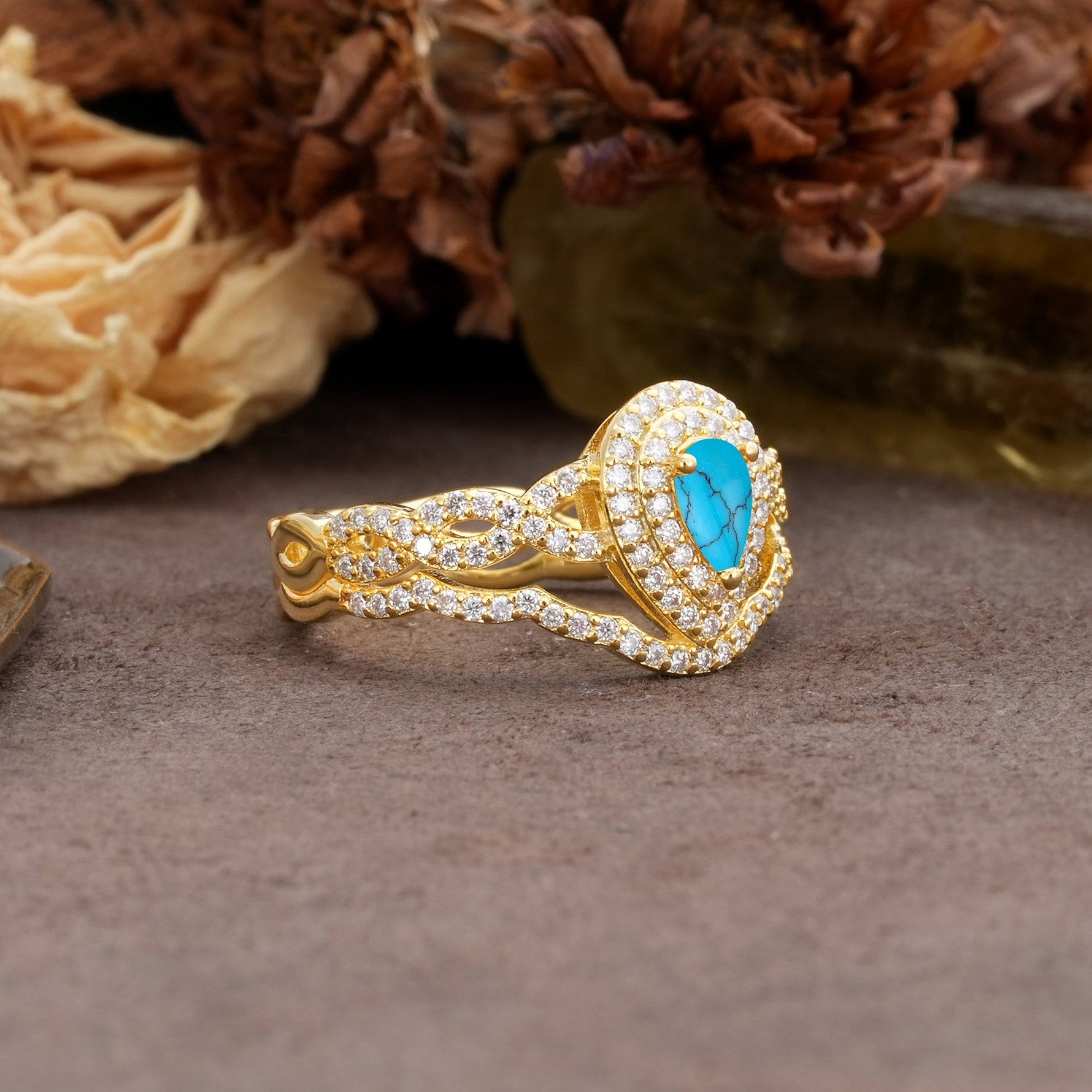 Luxurious Vintage-Style Pavé, 3-Prong Pear Cut Turquoise Bridal Ring Set - Additional view
