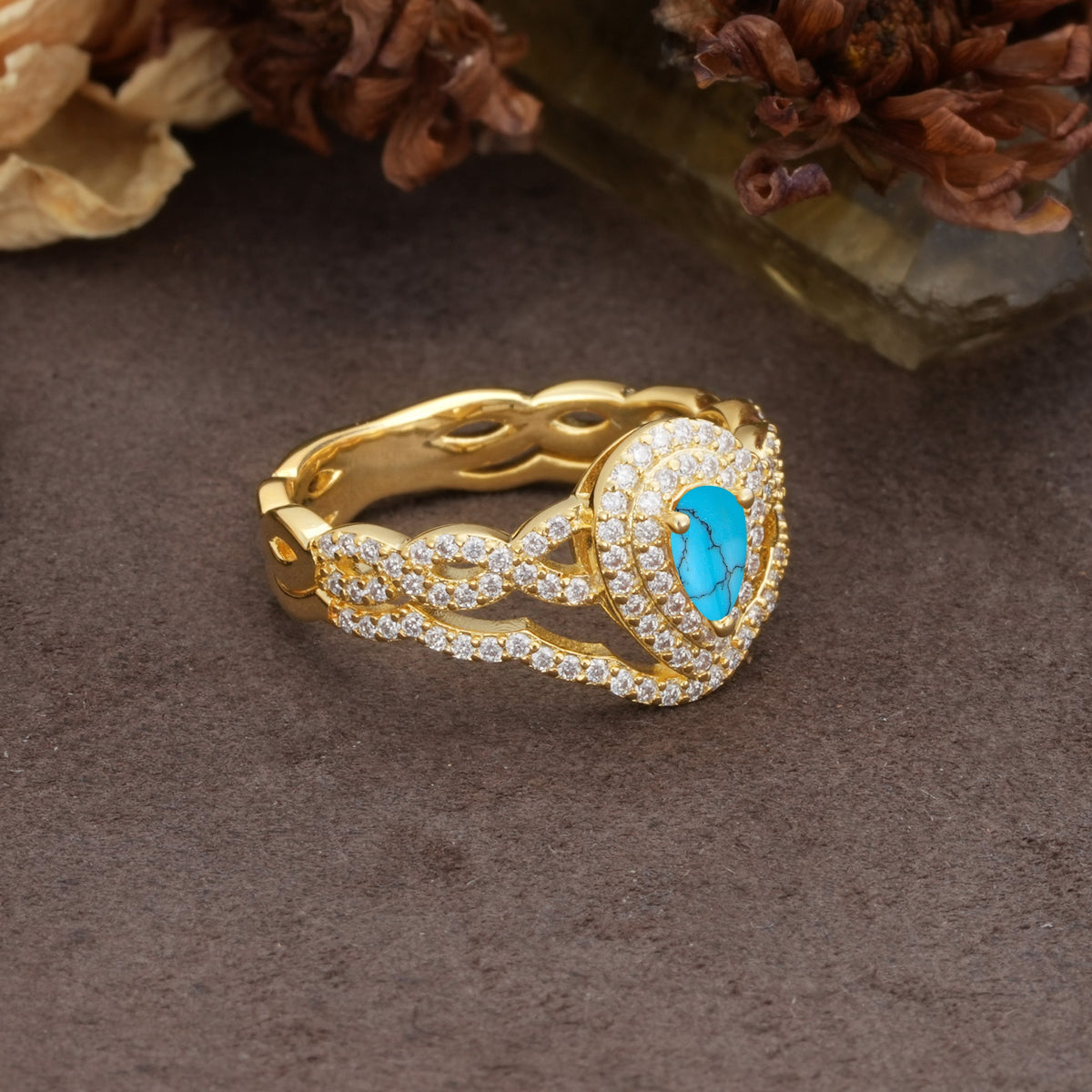 Luxurious Vintage-Style Pavé, 3-Prong Pear Cut Turquoise Bridal Ring Set - Additional view