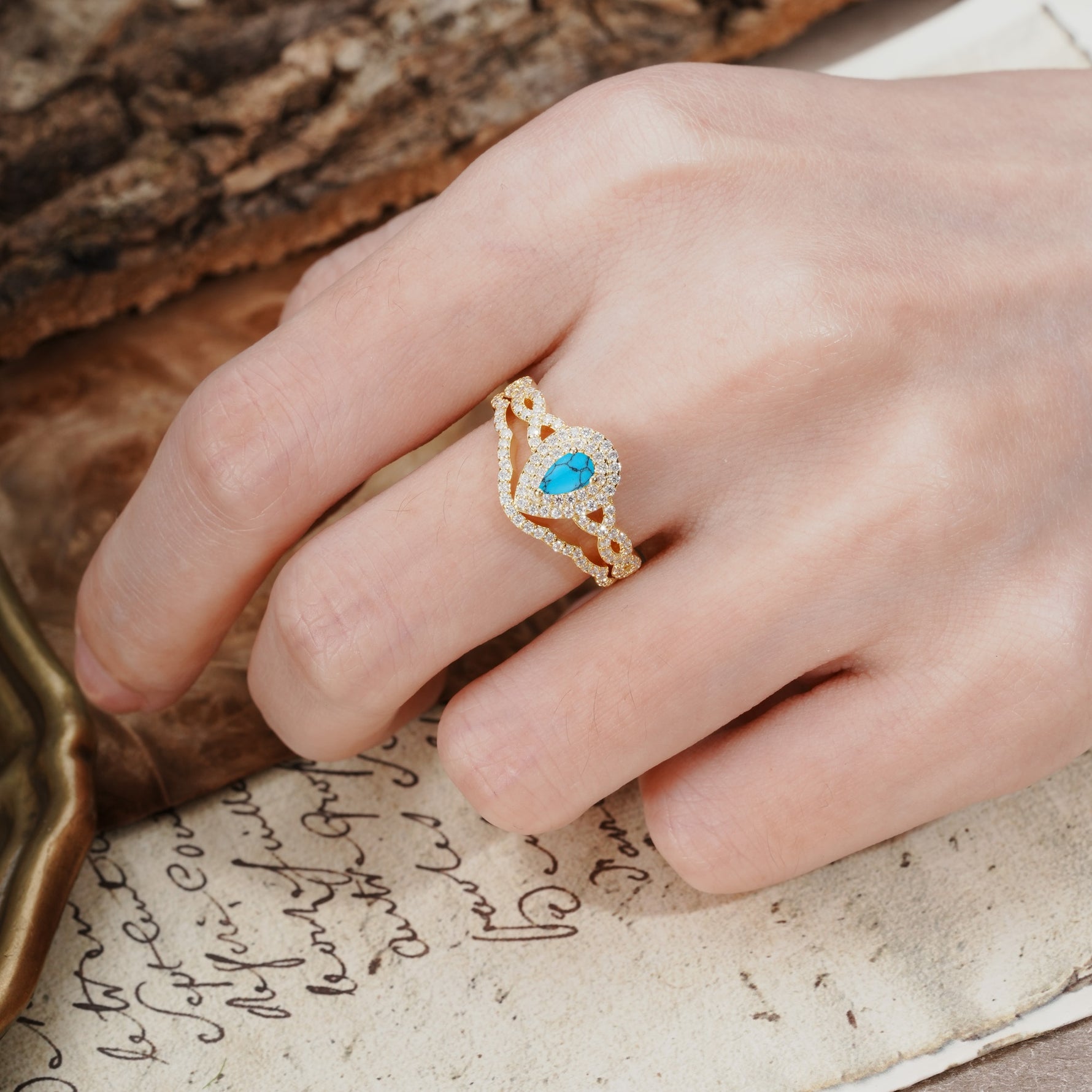 Luxurious Vintage-Style Pavé, 3-Prong Pear Cut Turquoise Bridal Ring Set - Additional view