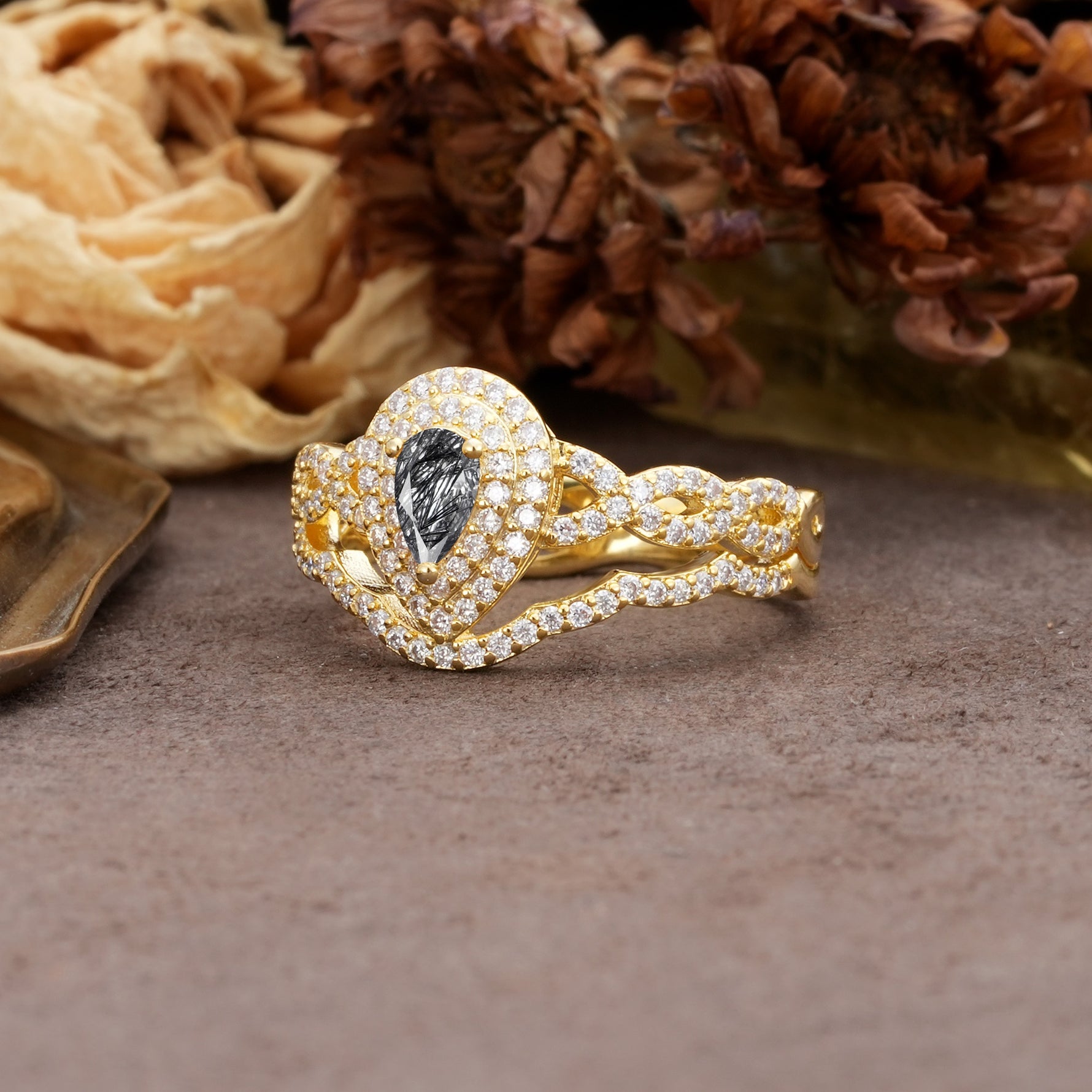 Luxurious Vintage-Style Pavé, 3-Prong Pear Cut Black Rutilated Quartz Bridal Ring Set - Additional view