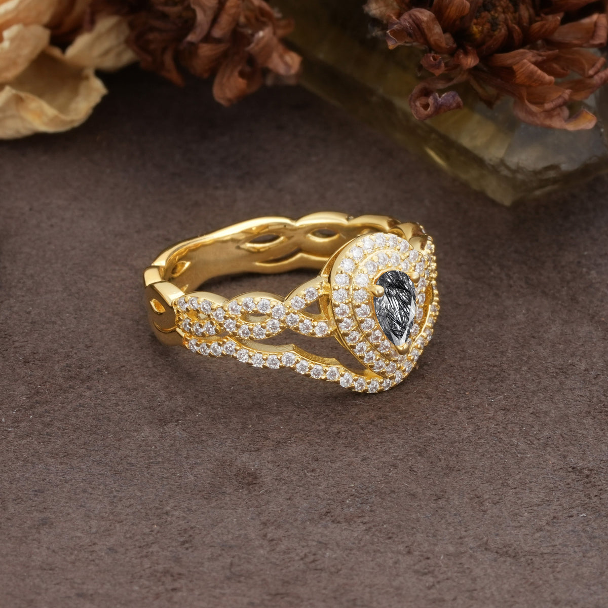 Luxurious Vintage-Style Pavé, 3-Prong Pear Cut Black Rutilated Quartz Bridal Ring Set - Additional view
