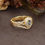 Luxurious Vintage-Style Pavé, 3-Prong Pear Cut Black Rutilated Quartz Bridal Ring Set - Additional view