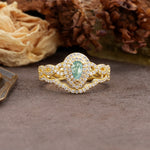 Luxurious Vintage-Style Pavé, 3-Prong Pear Cut Moss Agate Bridal Ring Set - Additional view