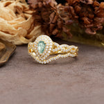 Luxurious Vintage-Style Pavé, 3-Prong Pear Cut Moss Agate Bridal Ring Set - Additional view