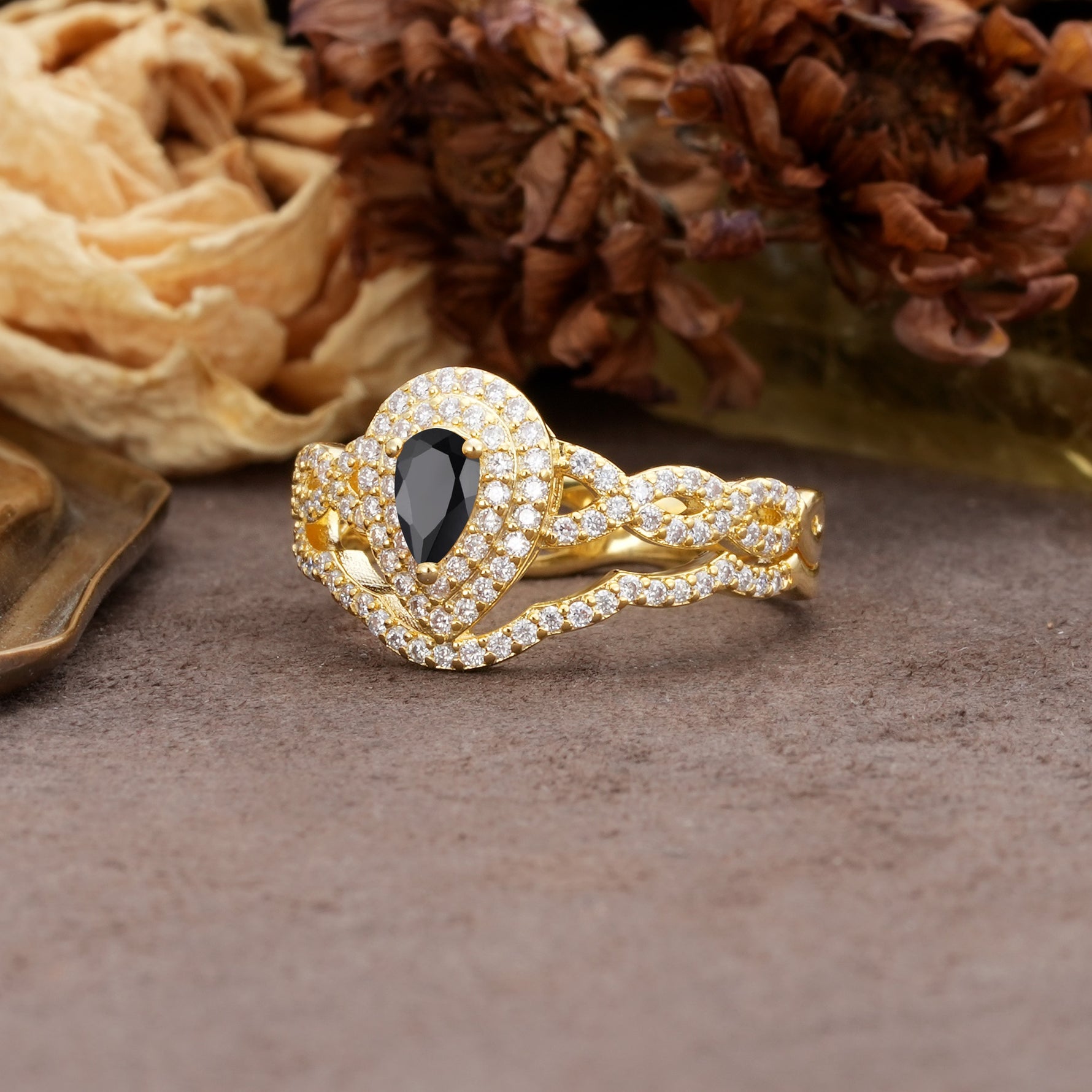 Luxurious Vintage-Style Pavé, 3-Prong Pear Cut Black Onyx Bridal Ring Set - Additional view