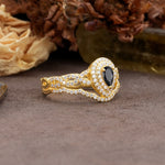 Luxurious Vintage-Style Pavé, 3-Prong Pear Cut Black Onyx Bridal Ring Set - Additional view