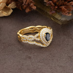 Luxurious Vintage-Style Pavé, 3-Prong Pear Cut Black Onyx Bridal Ring Set - Additional view