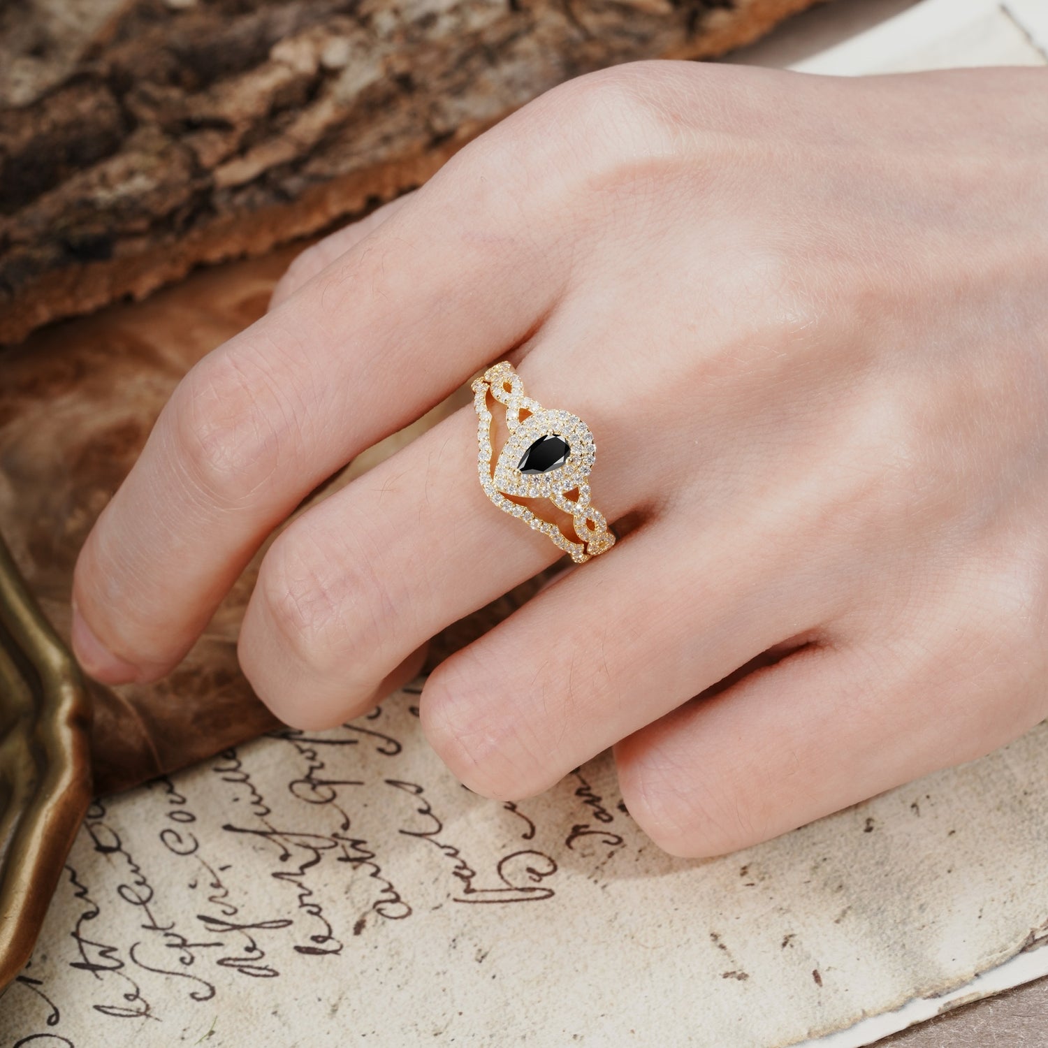 Luxurious Vintage-Style Pavé, 3-Prong Pear Cut Black Onyx Bridal Ring Set - Additional view