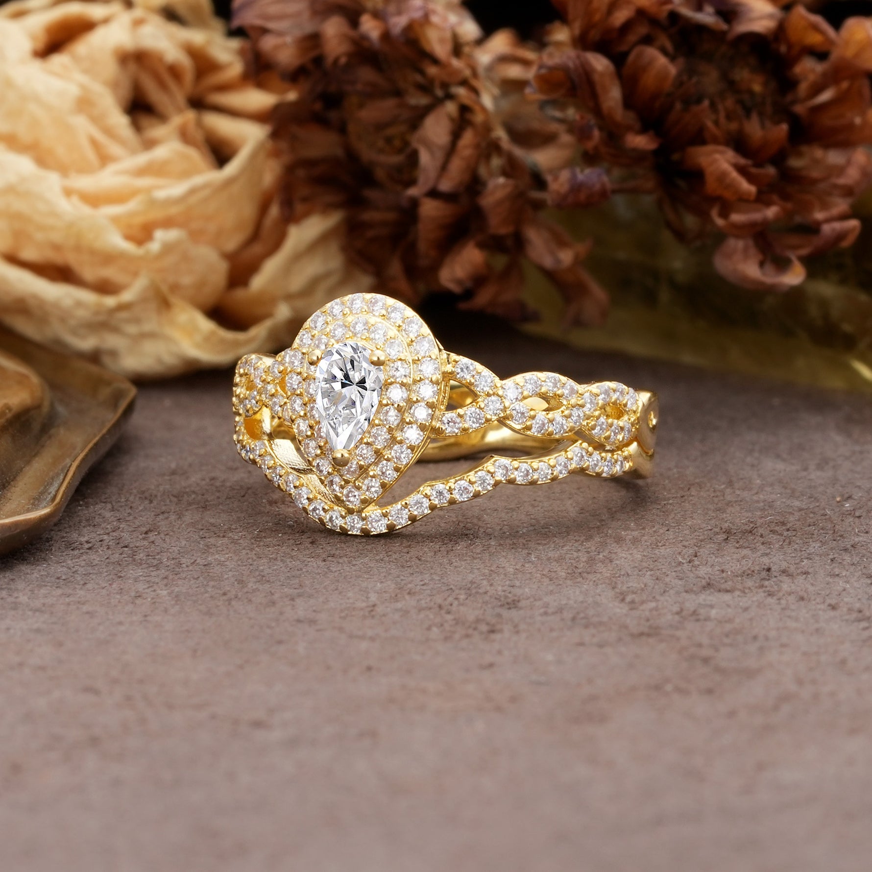 Luxurious Vintage-Style Pavé, 3-Prong Pear Cut Lab Diamond Bridal Ring Set - Additional view