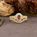 Luxurious Vintage-Style Pavé, 3-Prong Pear Cut Garnet Bridal Ring Set - Additional view