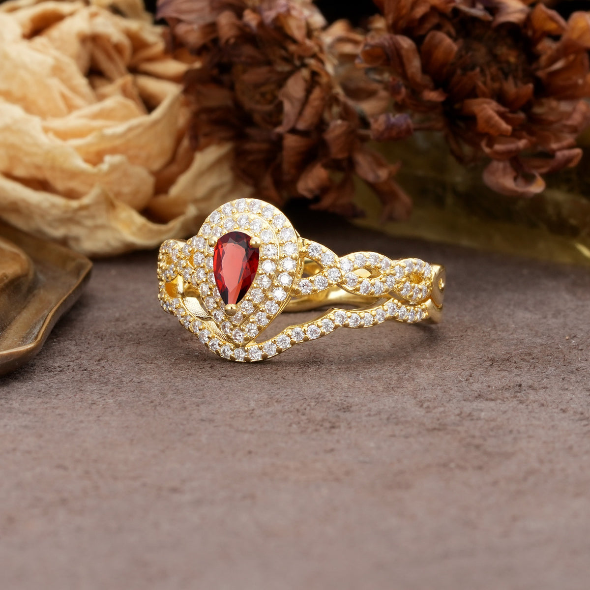 Luxurious Vintage-Style Pavé, 3-Prong Pear Cut Garnet Bridal Ring Set - Additional view
