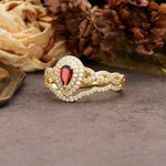 Luxurious Vintage-Style Pavé, 3-Prong Pear Cut Garnet Bridal Ring Set - Additional view