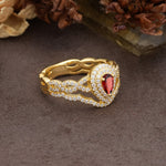 Luxurious Vintage-Style Pavé, 3-Prong Pear Cut Garnet Bridal Ring Set - Additional view