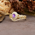 Luxurious Vintage-Style Pavé, 3-Prong Pear Cut Amethyst Bridal Ring Set - Additional view