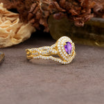 Luxurious Vintage-Style Pavé, 3-Prong Pear Cut Amethyst Bridal Ring Set - Additional view