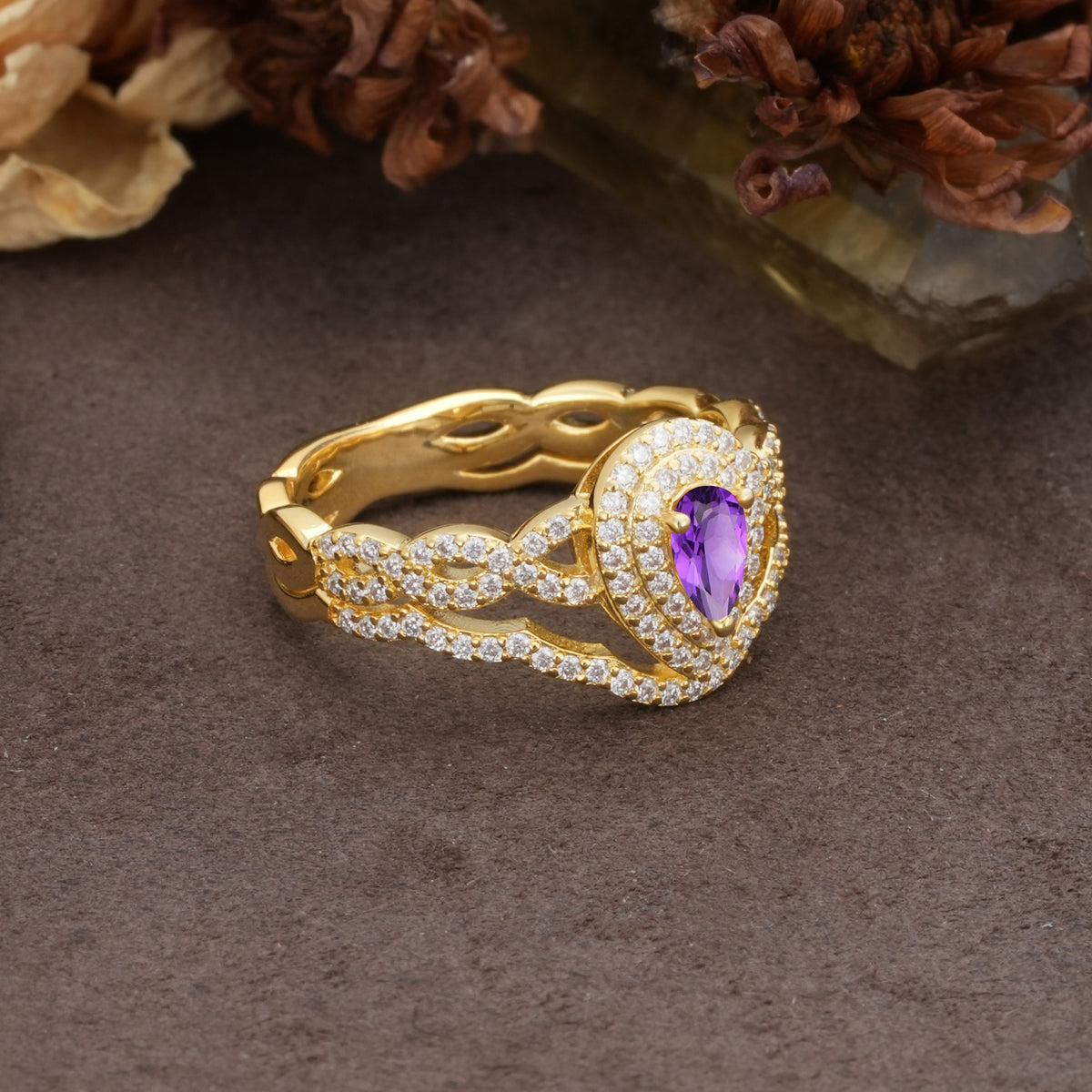 Luxurious Vintage-Style Pavé, 3-Prong Pear Cut Amethyst Bridal Ring Set - Additional view