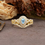 Luxurious Vintage-Style Pavé, 3-Prong Pear Cut Aquamarine Bridal Ring Set - Additional view