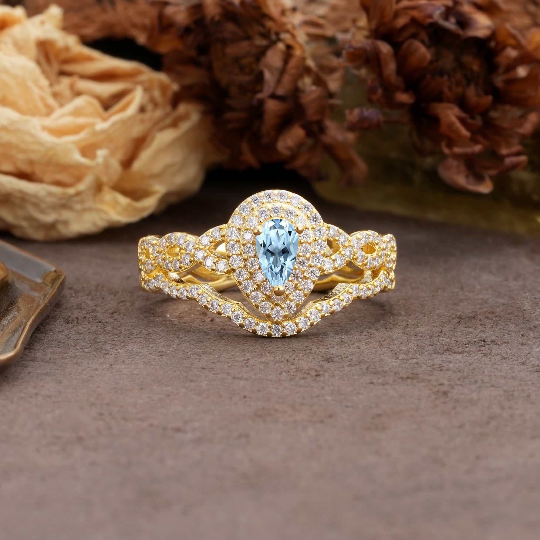 Luxurious Vintage-Style Pavé, 3-Prong Pear Cut Aquamarine Bridal Ring Set - Additional view