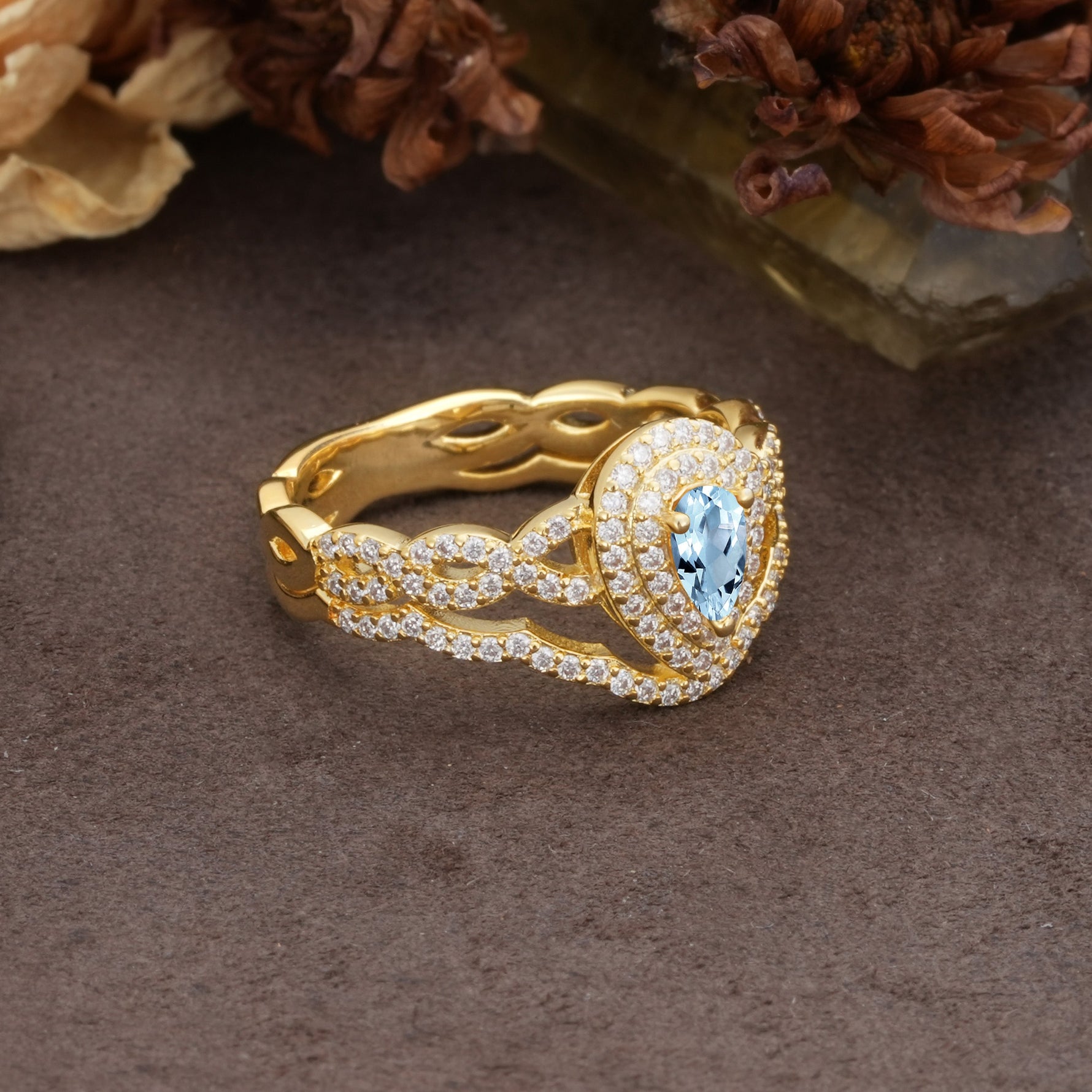 Luxurious Vintage-Style Pavé, 3-Prong Pear Cut Aquamarine Bridal Ring Set - Additional view
