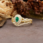 Luxurious Vintage-Style Pavé, 3-Prong Pear Cut Emerald Bridal Ring Set - Additional view