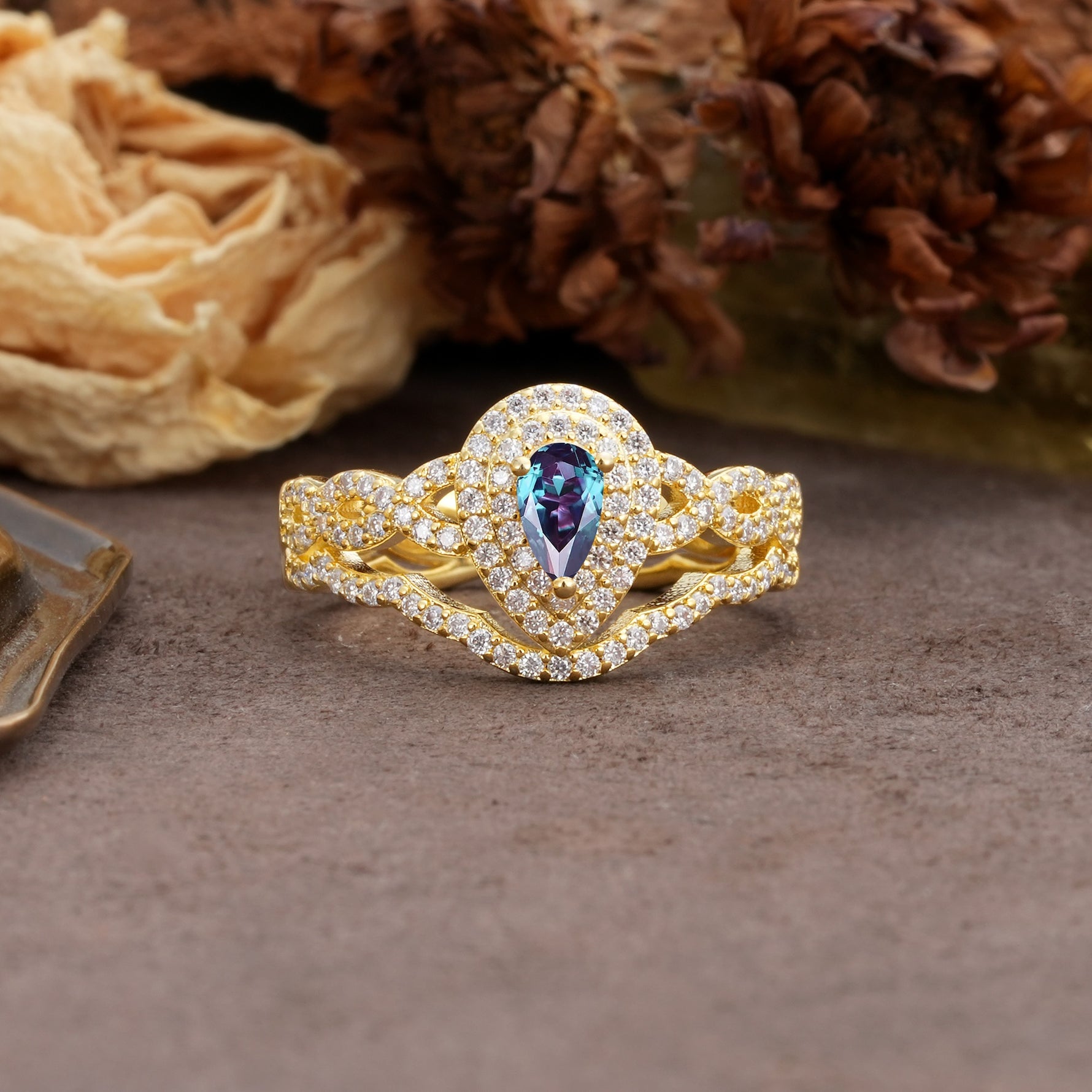 Luxurious Vintage-Style Pavé, 3-Prong Pear Cut Alexandrite Bridal Ring Set - Additional view