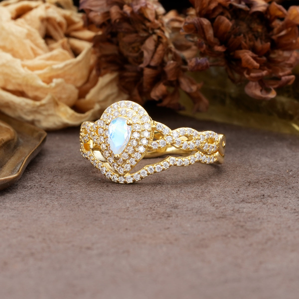 Luxurious Vintage-Style Pavé, 3-Prong Pear Cut Moonstone Bridal Ring Set - Additional view
