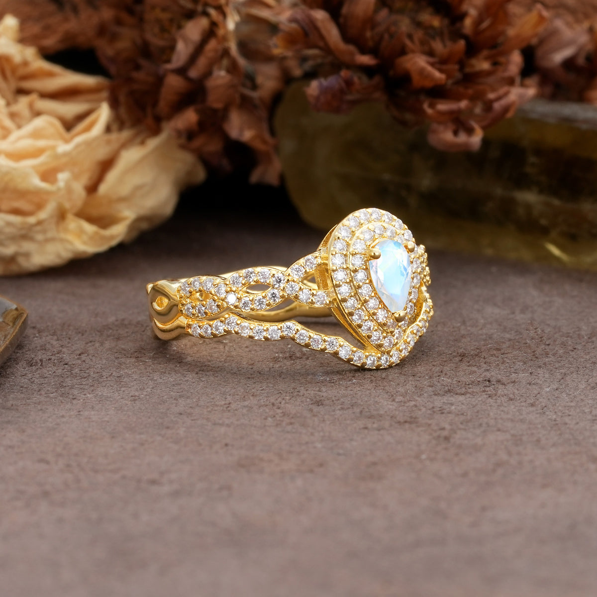 Luxurious Vintage-Style Pavé, 3-Prong Pear Cut Moonstone Bridal Ring Set - Additional view
