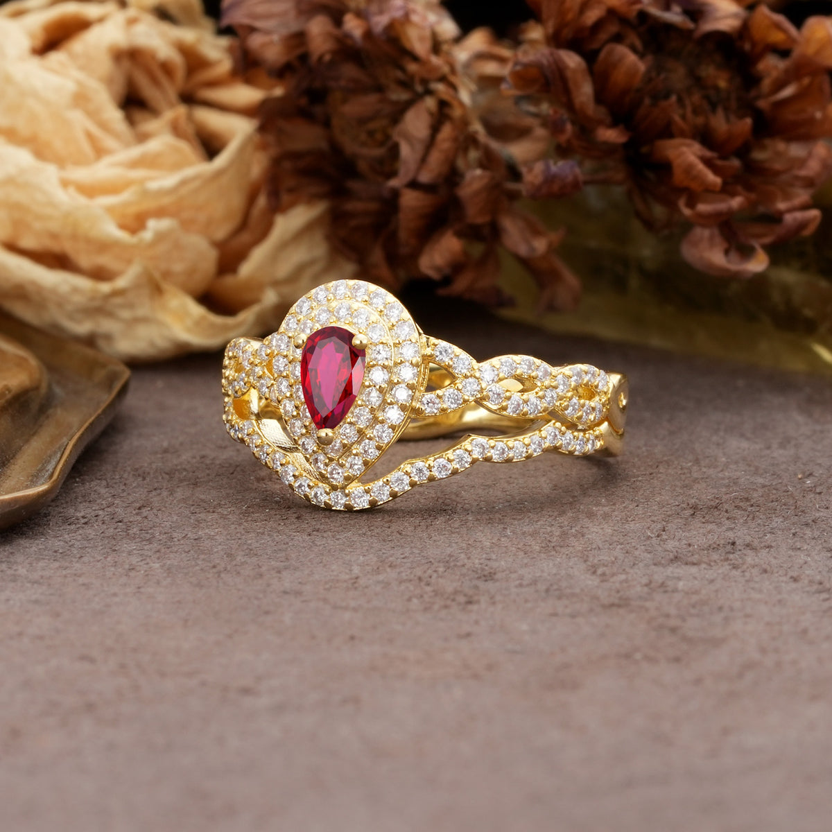 Luxurious Vintage-Style Pavé, 3-Prong Pear Cut Ruby Bridal Ring Set - Additional view