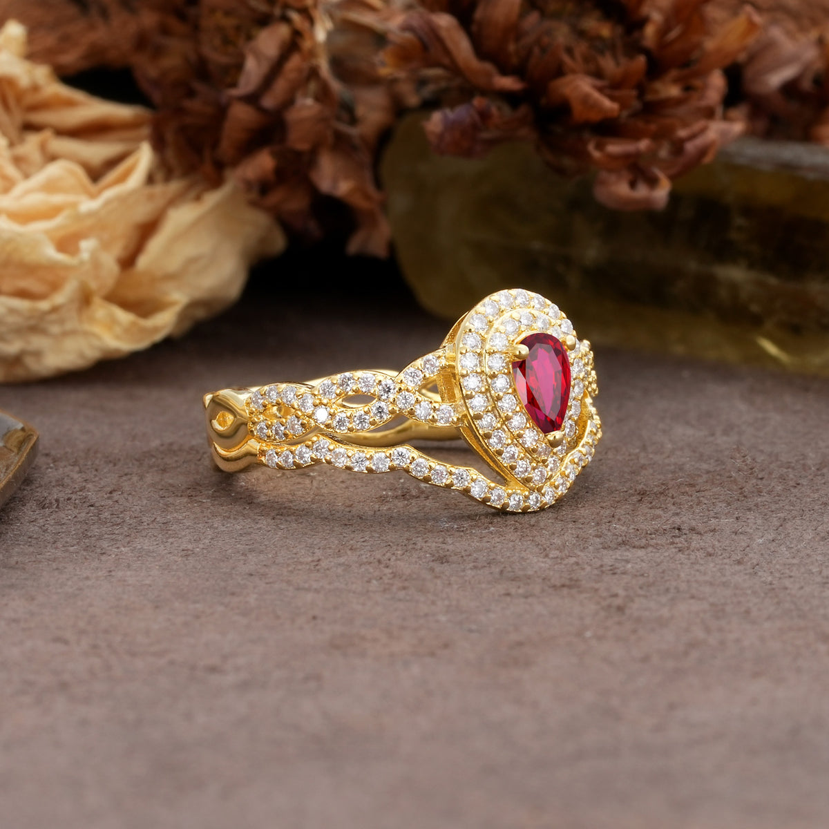 Luxurious Vintage-Style Pavé, 3-Prong Pear Cut Ruby Bridal Ring Set - Additional view