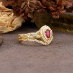 Luxurious Vintage-Style Pavé, 3-Prong Pear Cut Ruby Bridal Ring Set - Additional view