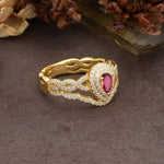 Luxurious Vintage-Style Pavé, 3-Prong Pear Cut Ruby Bridal Ring Set - Additional view