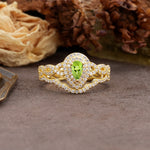 Luxurious Vintage-Style Pavé, 3-Prong Pear Cut Peridot Bridal Ring Set - Additional view