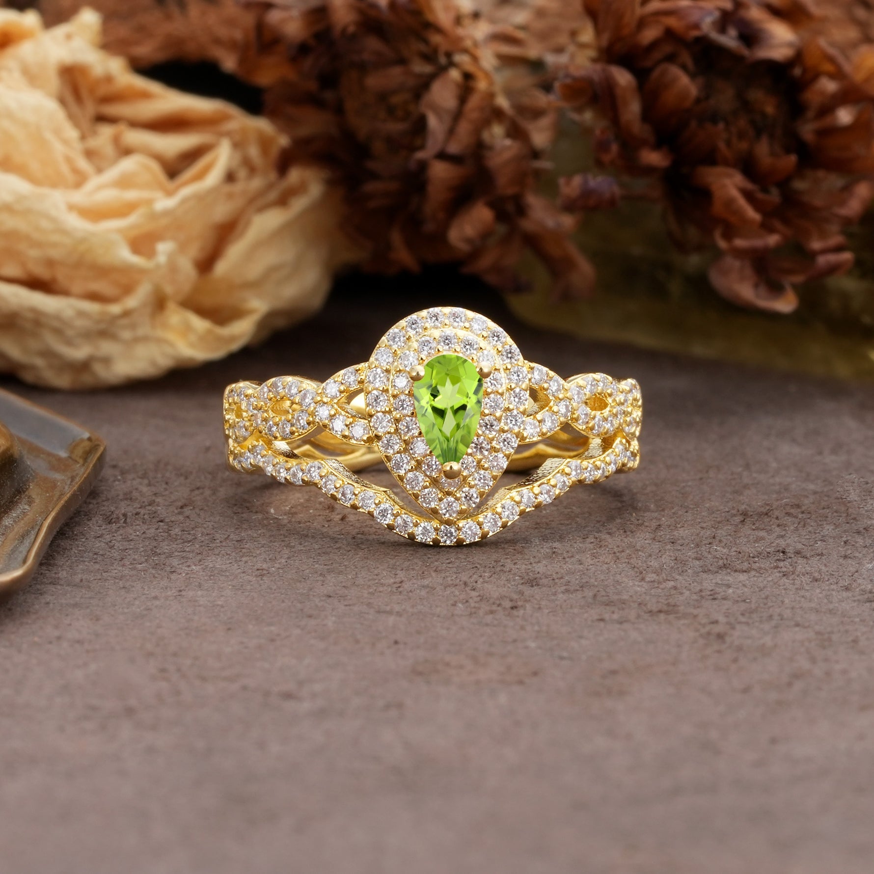 Luxurious Vintage-Style Pavé, 3-Prong Pear Cut Peridot Bridal Ring Set - Additional view
