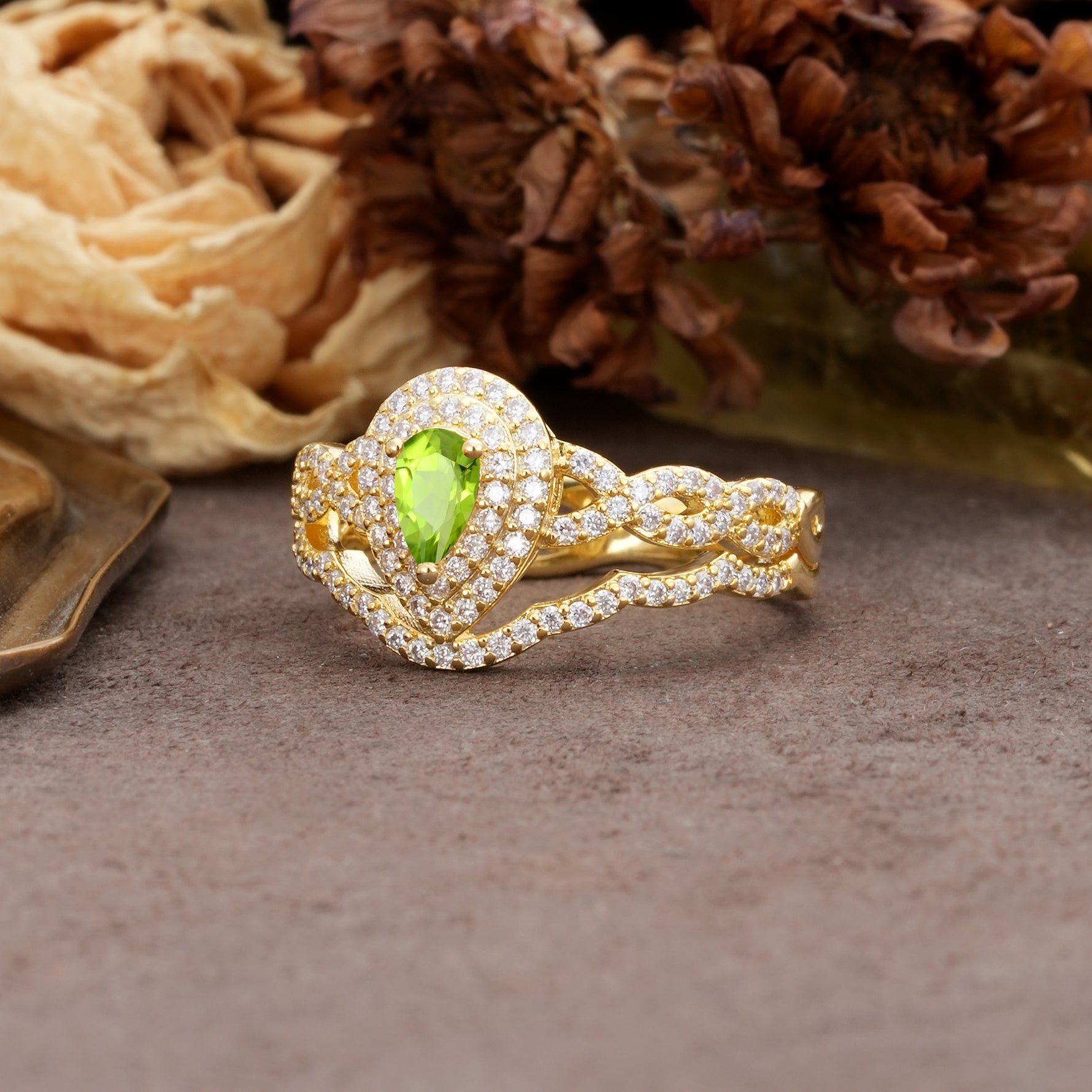 Luxurious Vintage-Style Pavé, 3-Prong Pear Cut Peridot Bridal Ring Set - Additional view