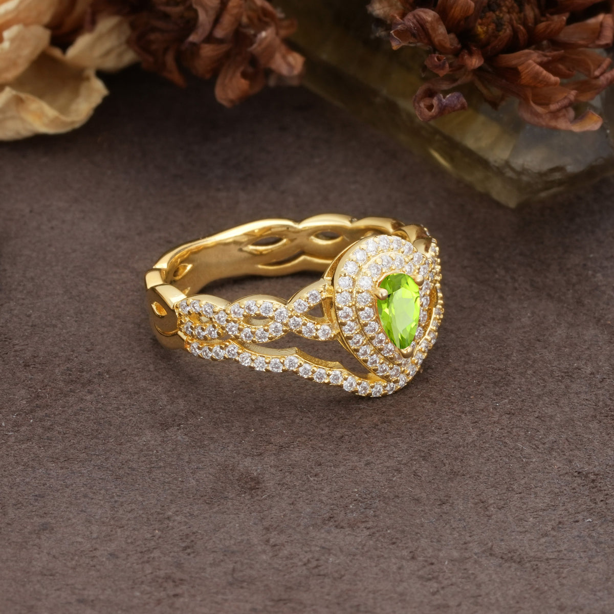 Luxurious Vintage-Style Pavé, 3-Prong Pear Cut Peridot Bridal Ring Set - Additional view