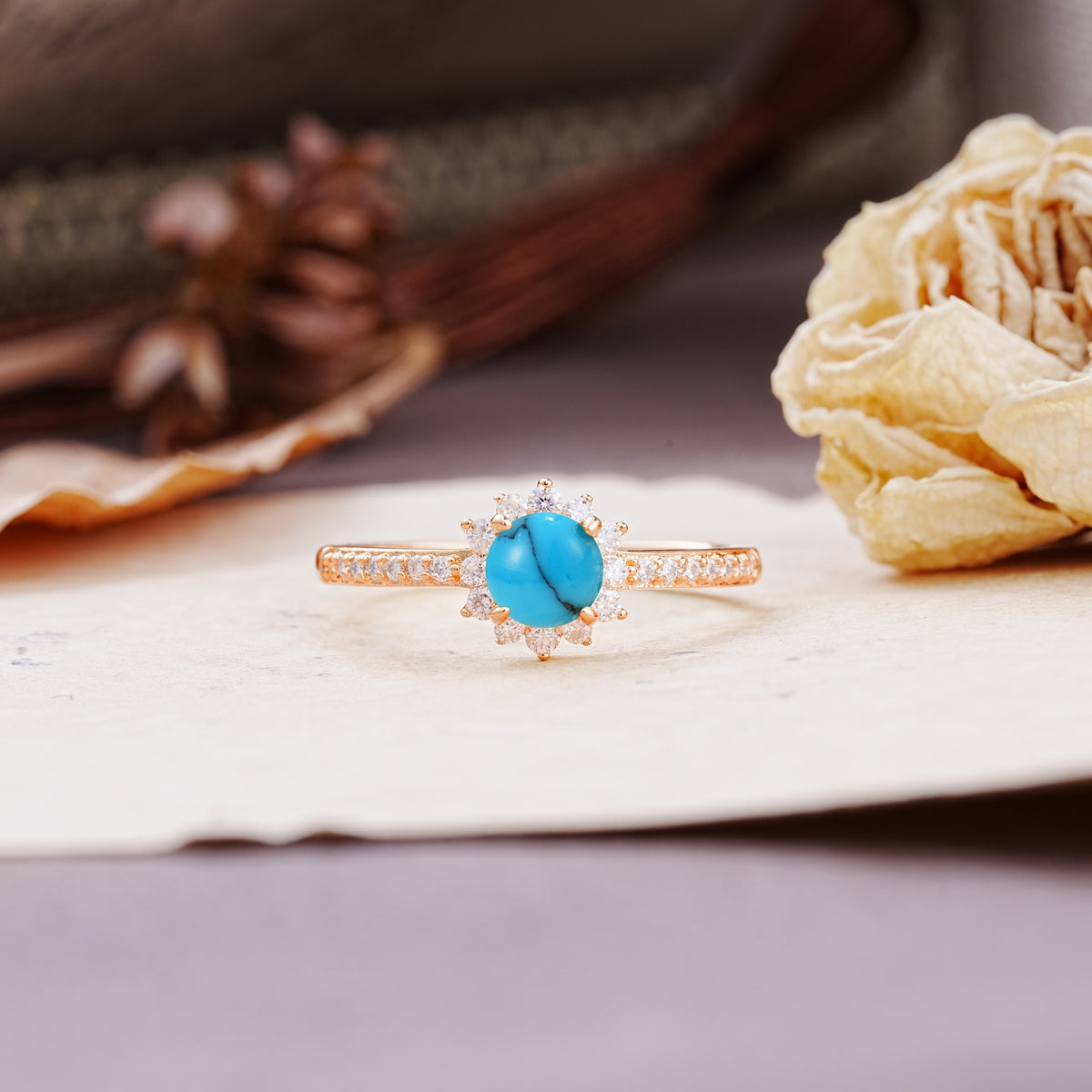 Vintage-Style Pavé Floral-Shaped 4-Prong Round-Cut Turquoise Engagement Ring - Additional view