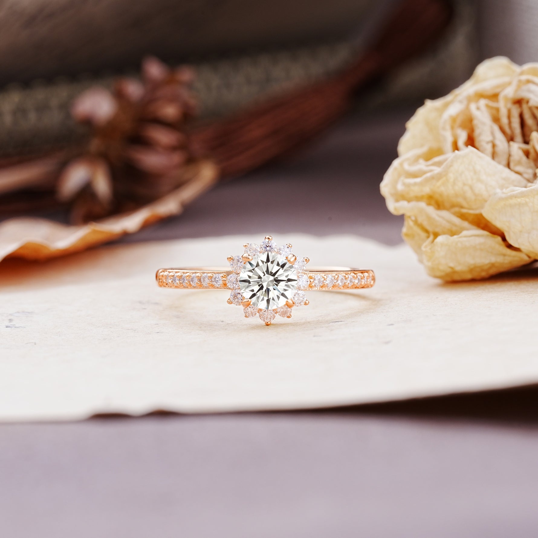 Vintage-Style Pavé Floral-Shaped 4-Prong Round-Cut Lab Diamond Engagement Ring - Additional view