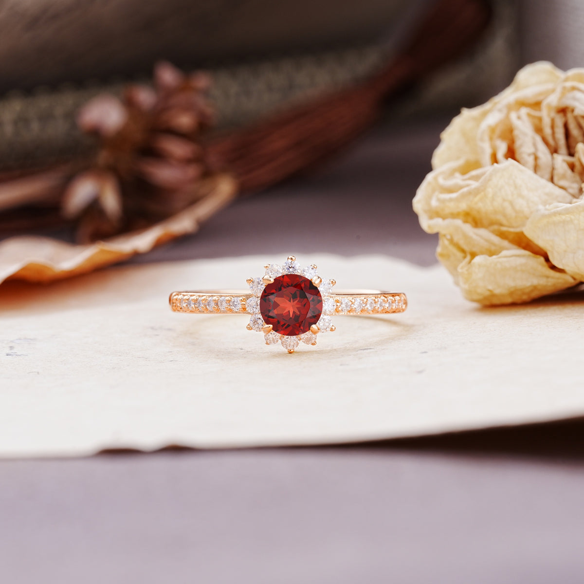 Vintage-Style Pavé Floral-Shaped 4-Prong Round-Cut Garnet Engagement Ring - Additional view