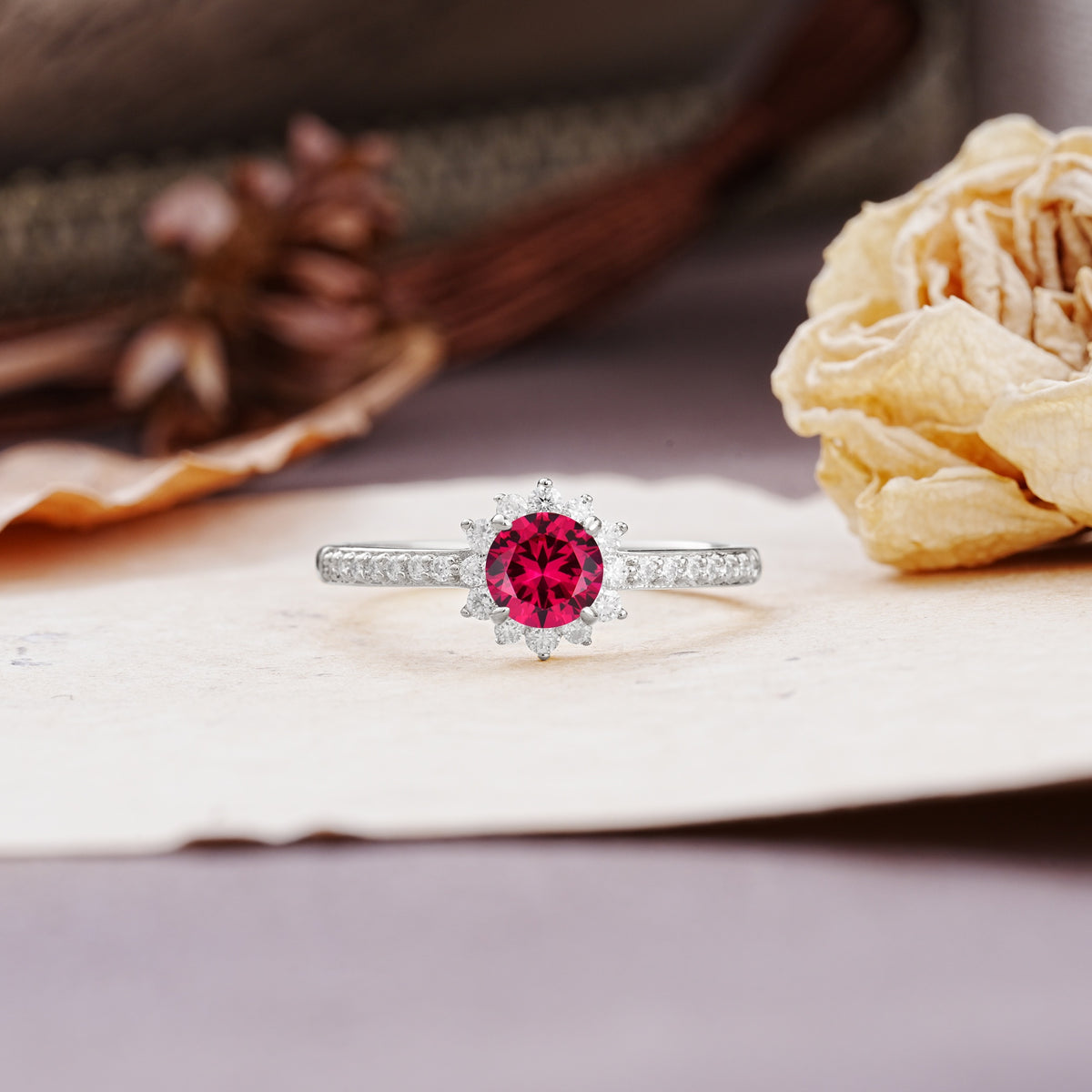 Vintage-Style Pavé Floral-Shaped 4-Prong Round-Cut Ruby Engagement Ring - Additional view