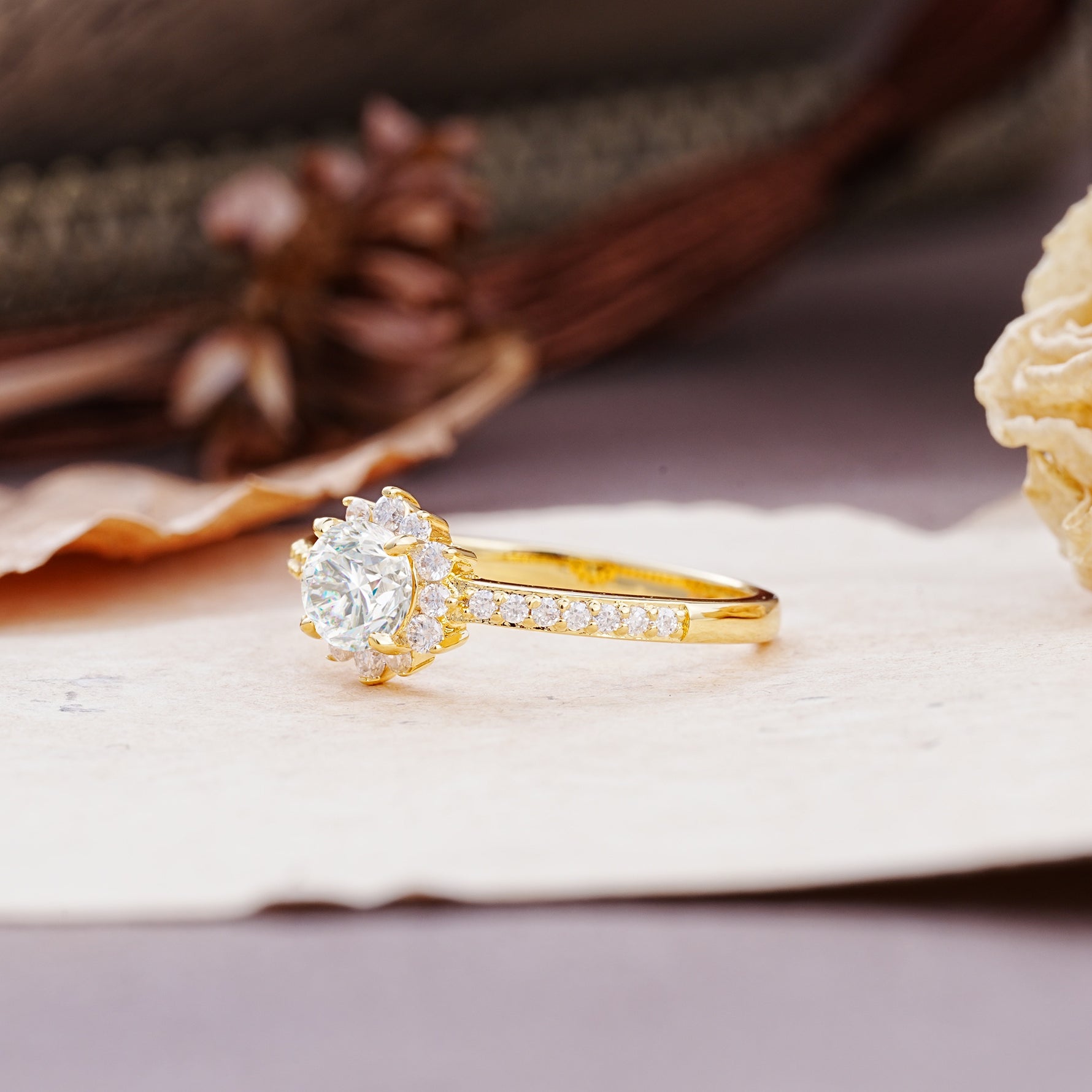 Vintage-Style Pavé Floral-Shaped 4-Prong Round-Cut Moissanite Engagement Ring - Additional view