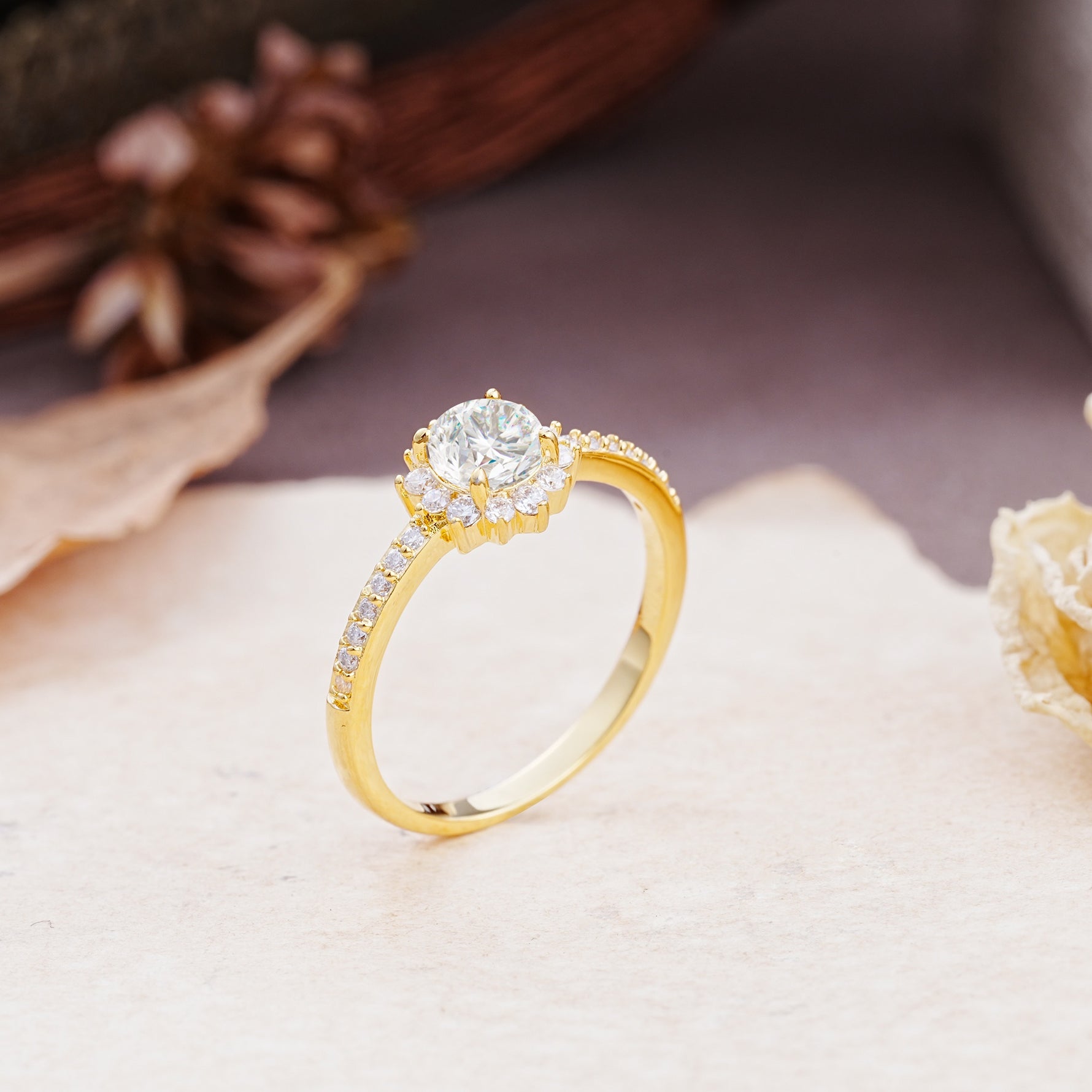 Vintage-Style Pavé Floral-Shaped 4-Prong Round-Cut Moissanite Engagement Ring - Additional view